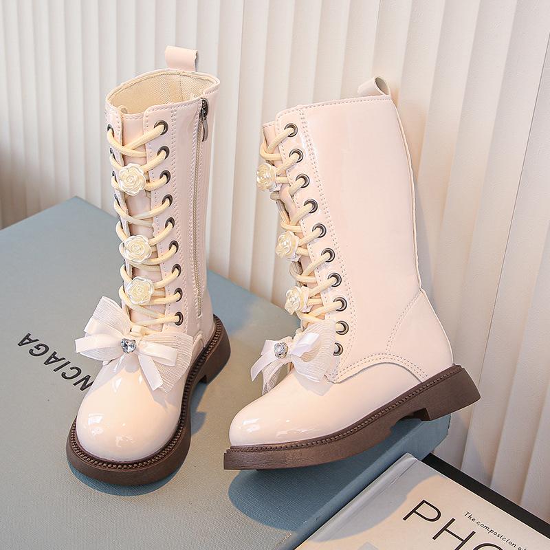 

Autumn Girls Long Leather Boots Soft Soled Kids Princess Boots Bowknot Non-slip Outdoor Children Boots Plush Winter 23 бежевый