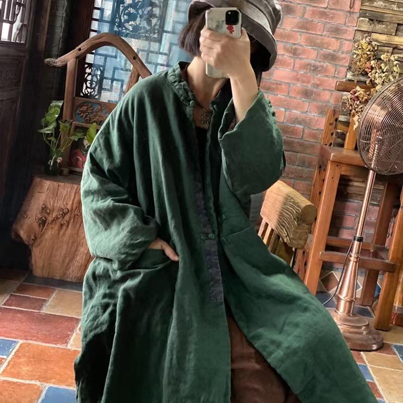 Johnature Paltoane vintage pentru femei cu imprimeu din in stil chinezesc de primăvară cu mâneci întregi largi retro, cu gâtul în formă de bumbac, parkas calde