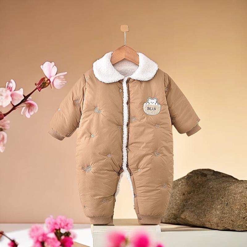 Cartoon Bear Fleece Baby Bodysuit - Warm Winter Outdoor Wear for Newborns