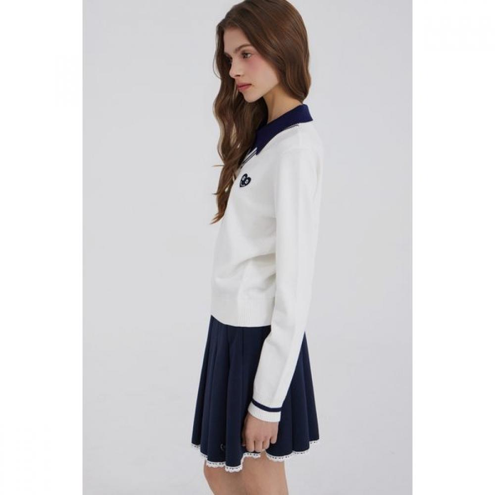 Goxo V Neck Color Knit White Smile Heart