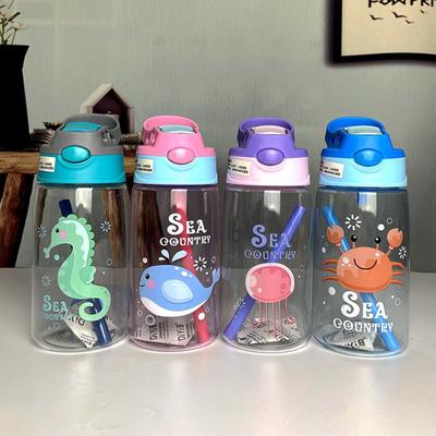 480 ml Barnmug med Sugrör Genomskinlig Tecknad Mönster Bärbar Sippy Cup Utomhus Vattenflaska för Pojkar Flickor