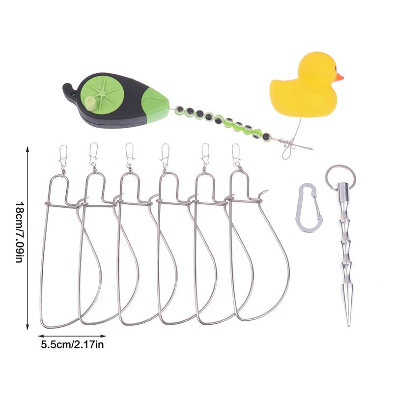 

1 комплект Растягивающаяся рыболовная застежка-карабин Катушка для нахлыста 6 зажимов Утиный нержавеющий стрингер-цепочка с поплавком Замок для живой приманки Ремень