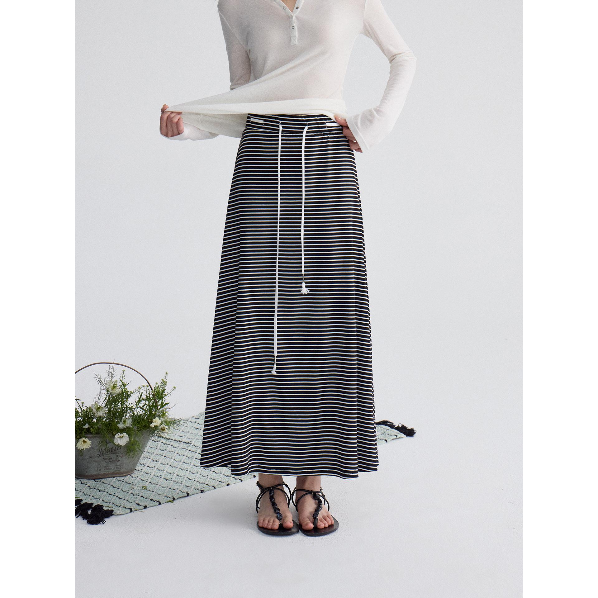 

Loose Striped Drawstring Midi Skirt - Korean Style A-line Spring Skirt for Women Large (115-130 cm)