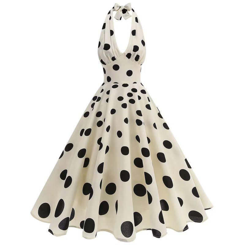 Hong Kong Style Retro S Sense New Deep V-neck Hanging Neck Backless Dots Polka Dot Sleeveless Dress Formal Dress Dance Skirt