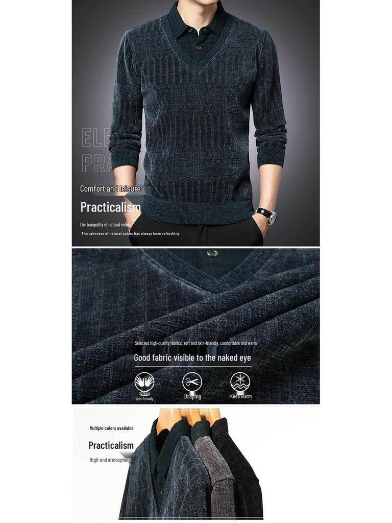 Woodpecker Men's Fleece-Lined Two-Piece Chenille Sweater with Shirt Collar