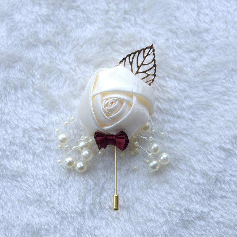 Boutonniere Anstecknadeln Hochzeit Corsage Anzug Knopfloch Seide Rosen Gold Blätter Männer Frauen Brosche Blumen Mariage Zubehör
