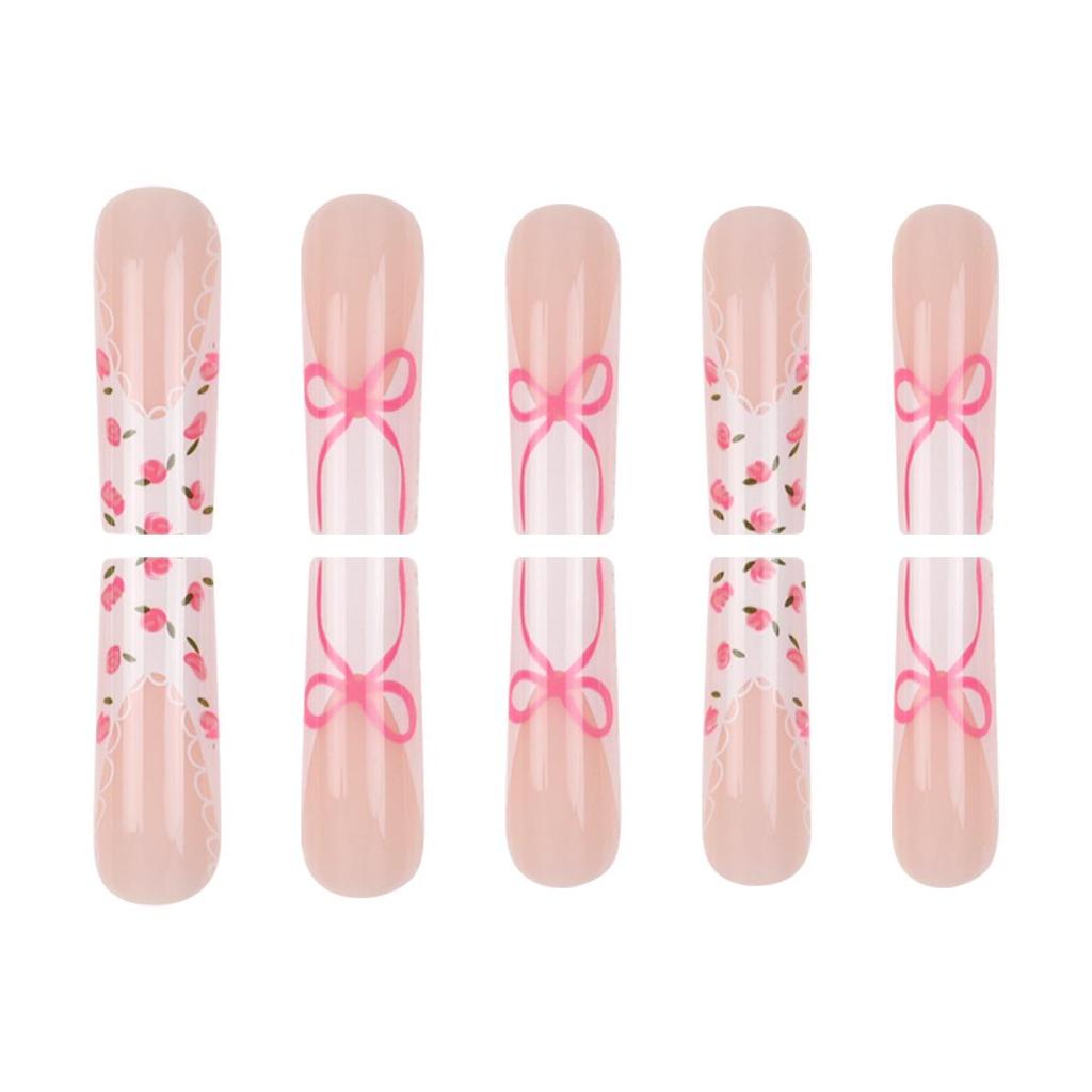 European & American Style French Manicure Bow Flower Nail Tips - 24 Detachable False Nails