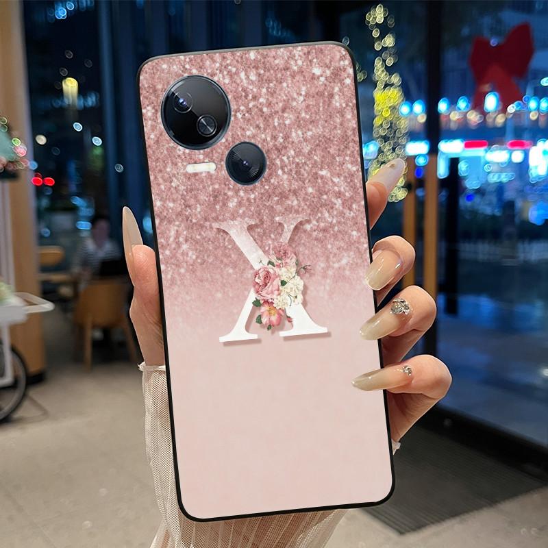 Kratzfeste Handyhülle Für Tecno Spark 10 5G Hülle Mode Neu Schwarz und Rosa Buchstabe Mit Blume Weiches Silikon Schwarze Rückseite