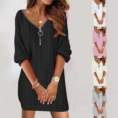 2023 Autumn/Winter Solid V-Neck Knitted Long-Sleeve Dress