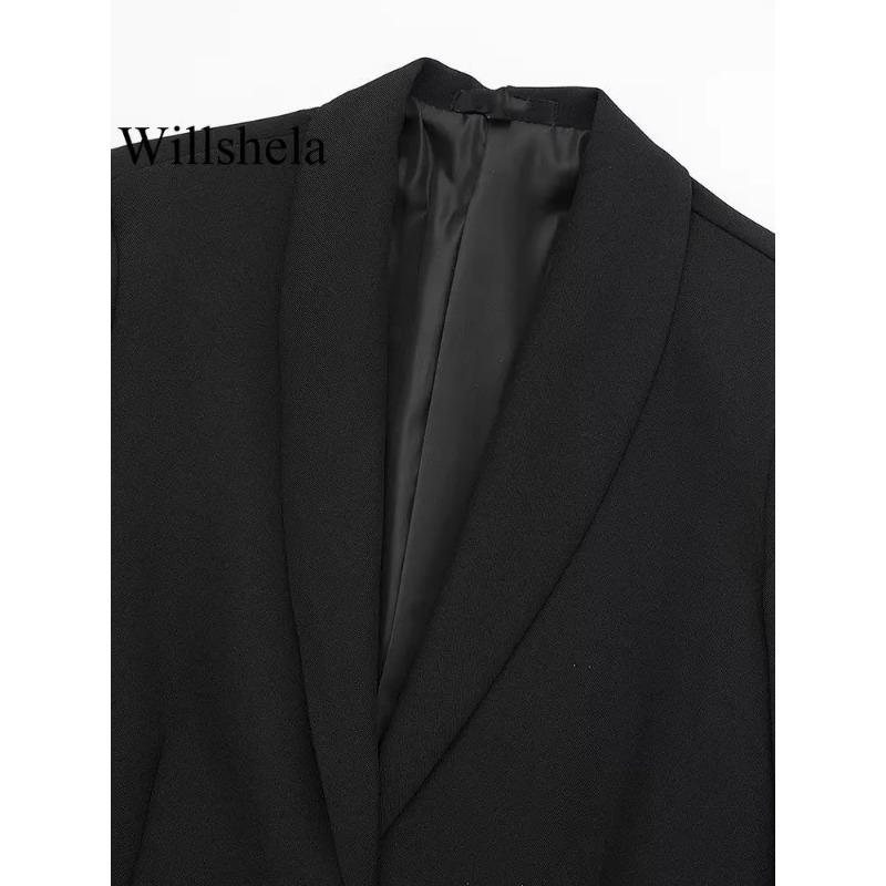Dámská móda Saténové černé s peřím Sako s klopami Vintage Jednořadé Dlouhý rukáv Dámské outfity