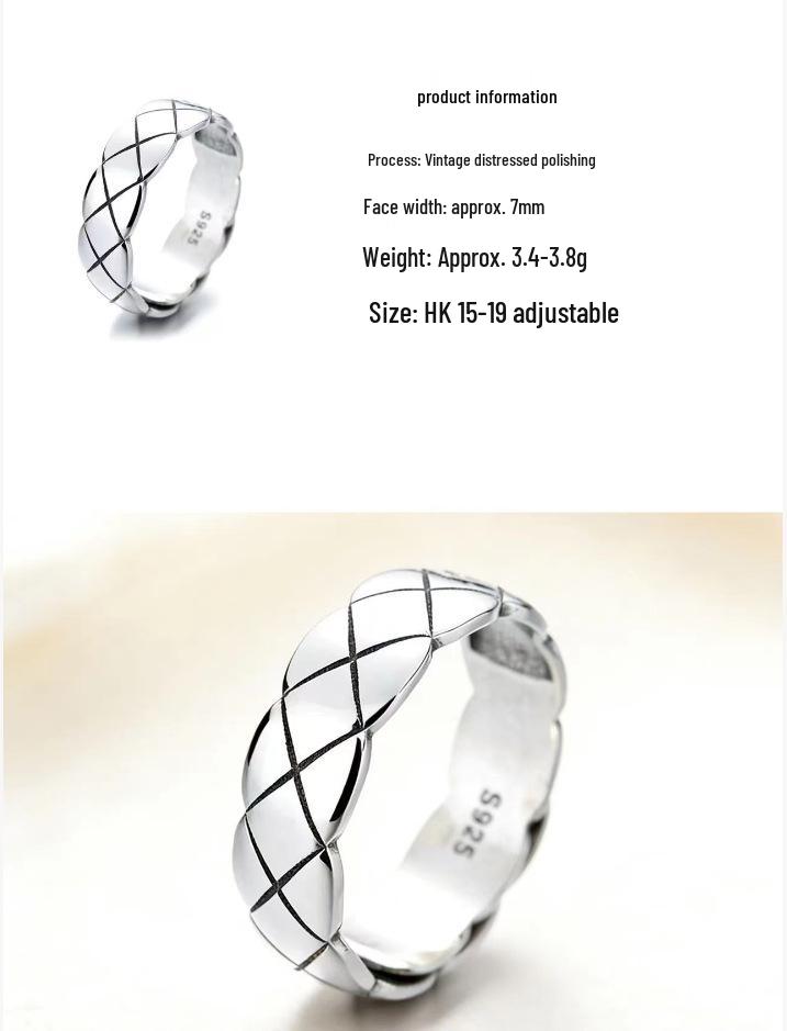 Cai Yi S925 Sterling Silver Rhombus Pattern Adjustable Ring - Simple & Versatile Design for Index Finger.