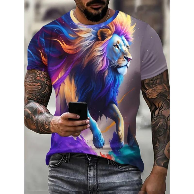 Lion Pattern Men's Street T-Shirt Short Sleeve Animal 3D Printed Fashion Hip Hop Male Tee O-Neck Casual Tops