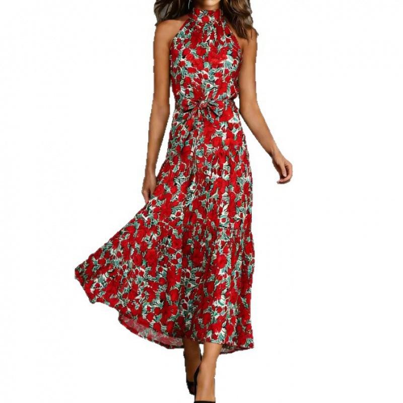 European and American Summer Long Dress New Bohemian Vacation Print Neck Sleeveless Long Dress