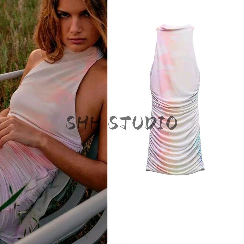Summer New Product Women Clothes French Style Design Sense Neck Collar Backless Print Silk Net Short Dress 3071001