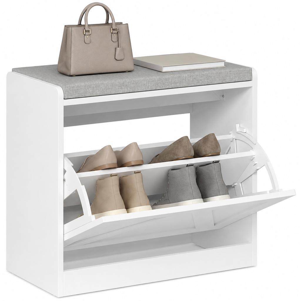 Shoe Rack Bench with Flip-Down Drawer, 60x30x52 cm, White