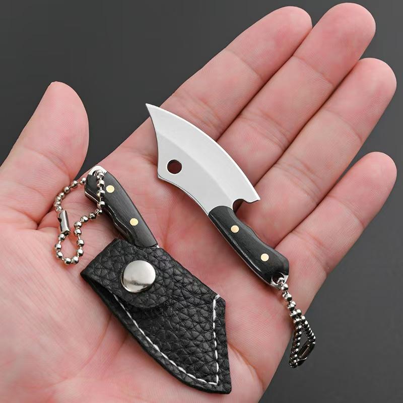 New Mini Wooden Handle Knife Outdoor Camping Open Box with Chain Portable EDC Key Knife with Leather Sheath Chain