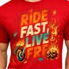 Ride Fast Live Free Vintage Flaming Skulls Lightning Wheel Motorcycle Biker Tee.