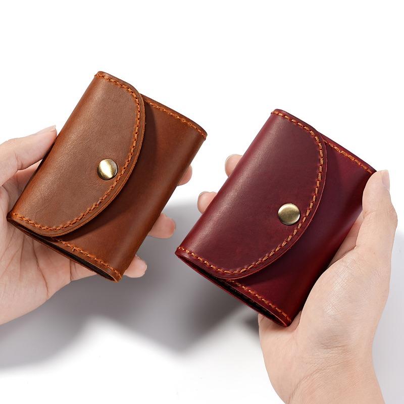 Vintage Crazy Horse Leather Card Holder for Women, Men Retro Accordion Design Snap Closure Wallet with Multi-Card Slots Unisex