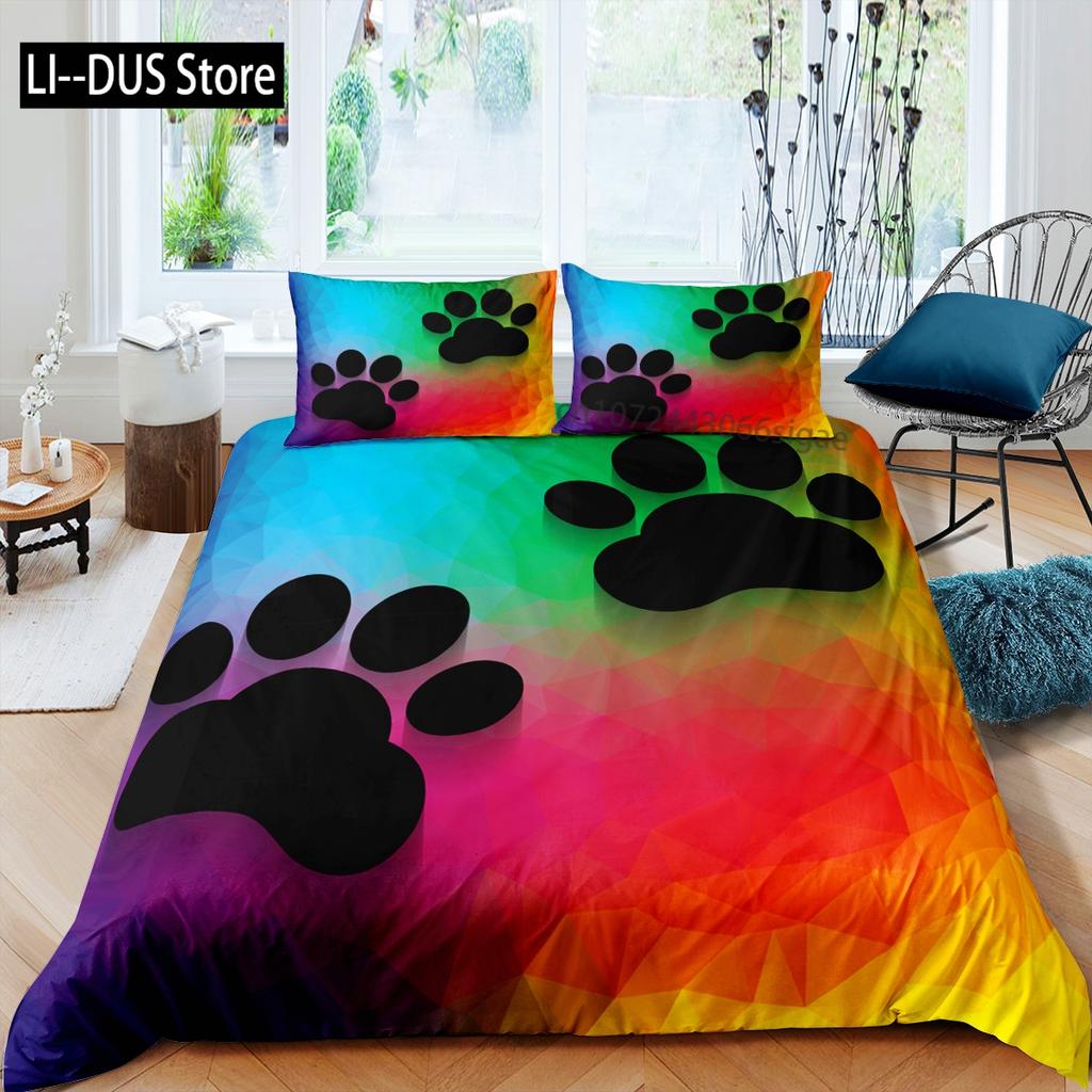 Footprint Duvet Cover Set Kids Watercolor Bedding Set Animal Footprints Colorful Puppy Paws Multicolor Graffiti Art Quilt Cover