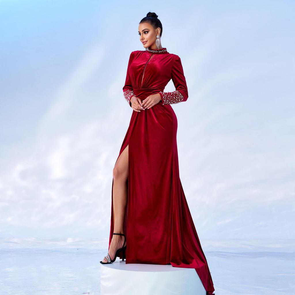 European and American Velvet Round Neck Long-Sleeve Evening Dress
