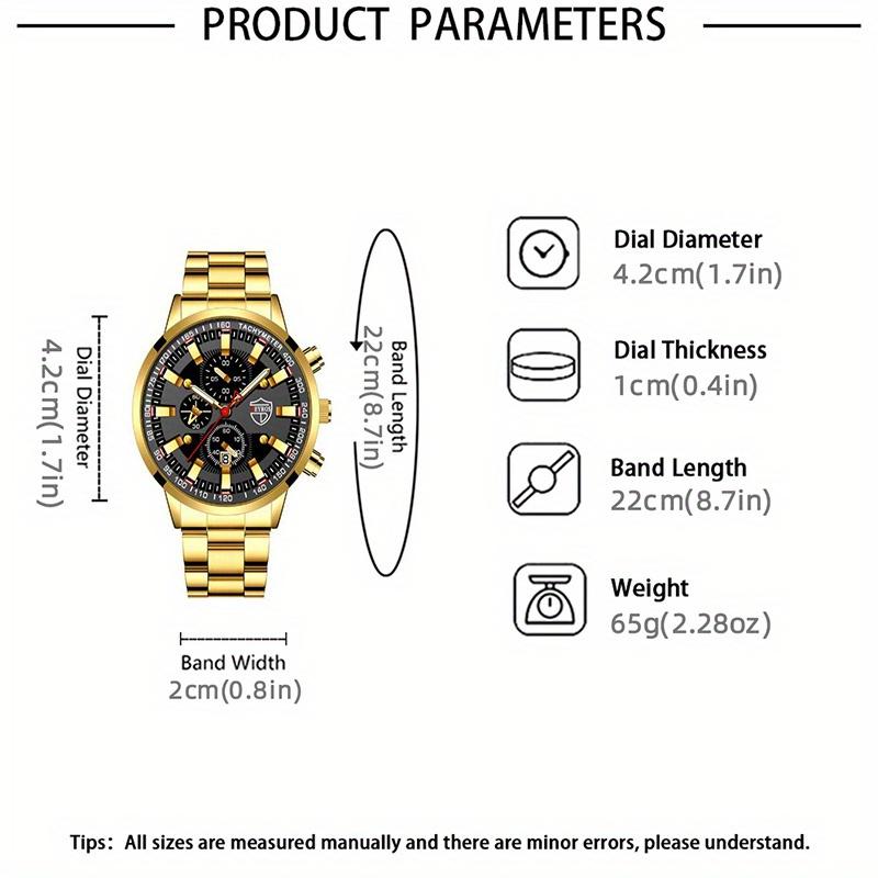 3PCS Men Fashion Sports Watches Luxury Gold Stainless Steel Wrist Watch for Mens Business Wristwatch Bracelet Necklace Set