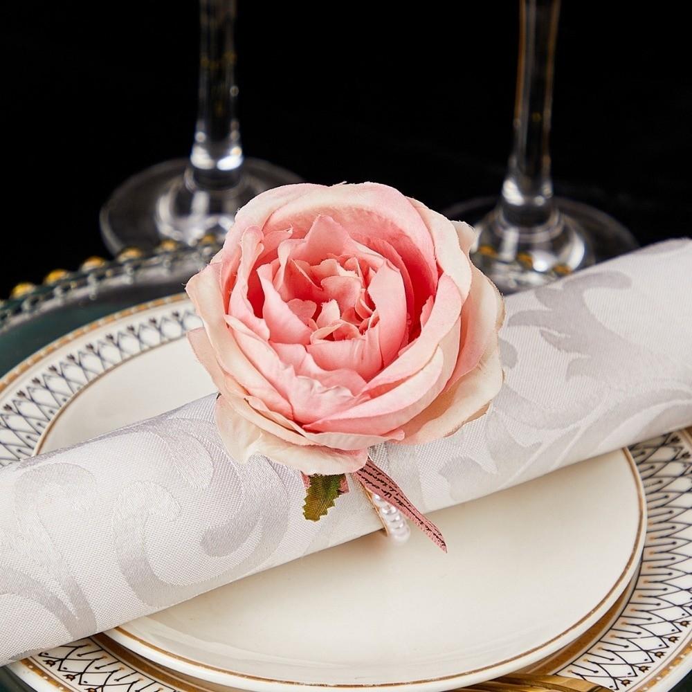 Towel Ring Elegant Simulated Rose Napkin Rings Alloy Electroplated Decorative Napkin Loops Plastic Pink Rose Tissue Holder Hotel