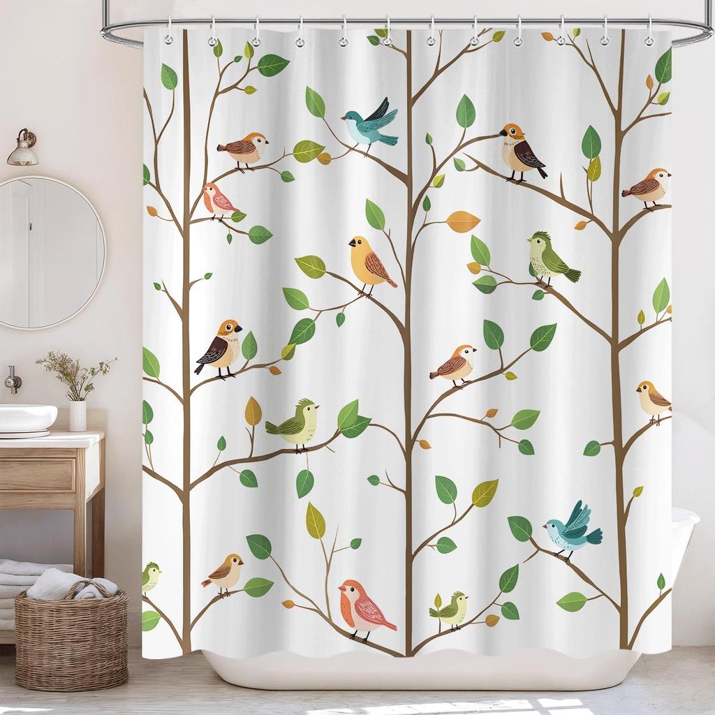 Funny Cute Bird Shower Curtain, Rustic Aesthetic Hummingbird Green Leaves Tree Floral Bathroom Curtain Nature Farmhouse Kids