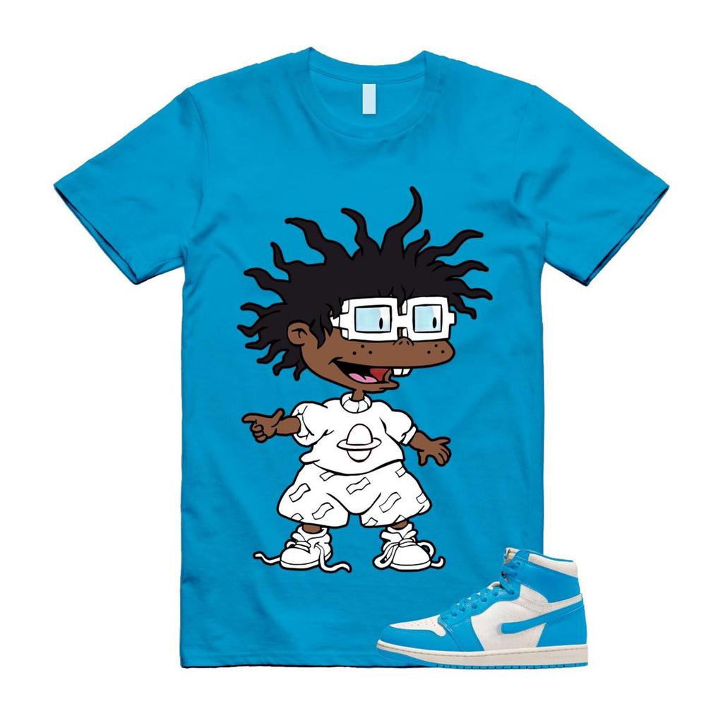 1 UNC Reimagined Dark Powder Blue White Retro High OG Mens Kids T Shirt Match CHUCKIE