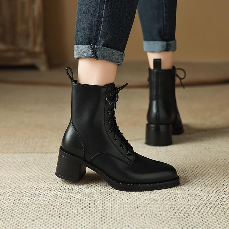 2024 New Autumn/Winter Genuine Leather Women Boots Pointed Toe Chunky Heels Boots for Women Short Boots Suqare Heel Ankle Boots