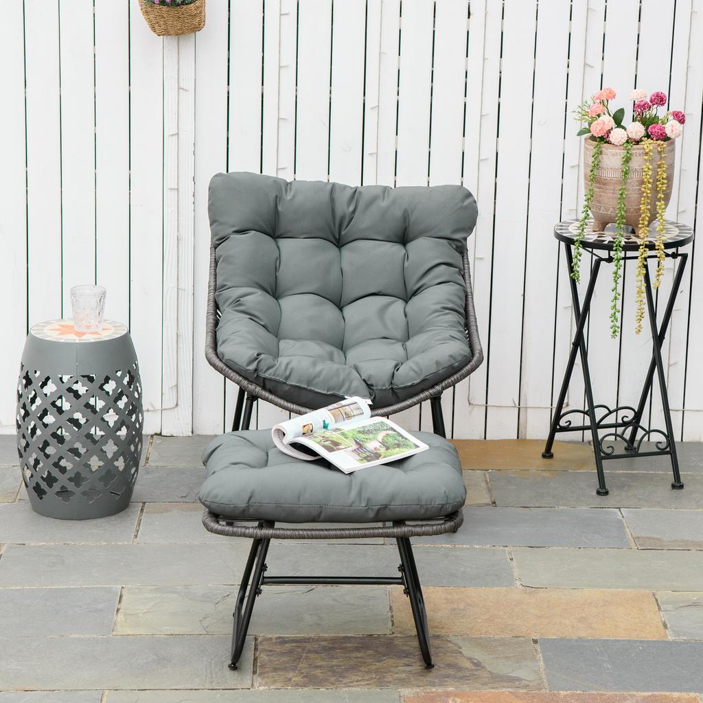 Sedia Relax in Rattan con Poggiapiedi, Sedia da Giardino con Cuscini Spessi Sedia in Rattan da Esterno Sedia da Giardino per Giardino, Balcone, Patio Grigio