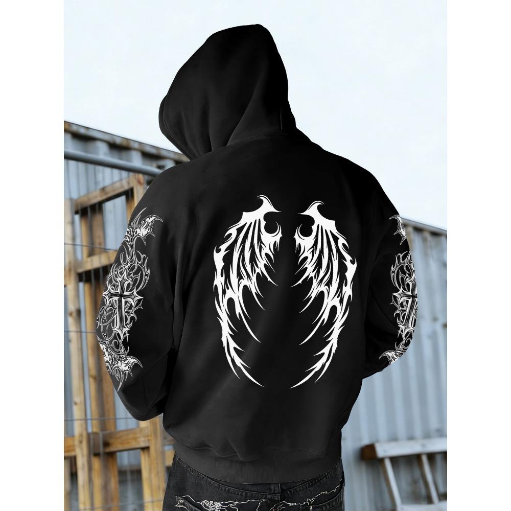 

Men s Retro Gothic Wing and Cross Print Hooded Sweatshirt, Casual Style, Autumn and Winter Season, Regular Fit, Perfect for Street Wear S
