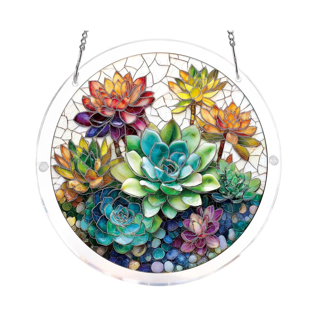 Acrylic Suncatcher Window Hanging Ornament Floral Design Round Shape Decorative Art Panel with Chain for Indoor Use