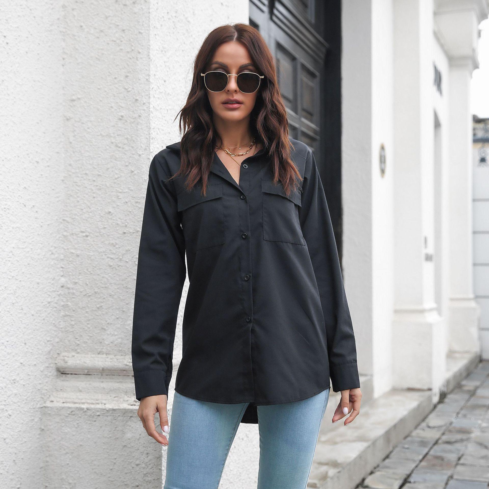 

GMXIA Женские модные повседневные однотонные блузки и рубашки-поло с длинным рукавом с принтом XL чёрный