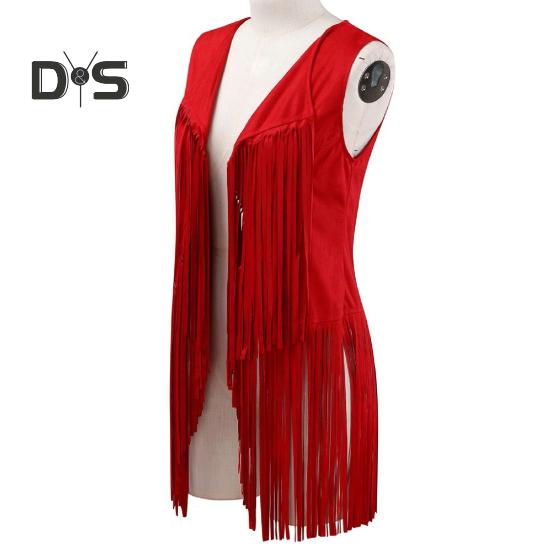 Women Cardigan Tassel Fringed Solid Color Open Stitch Vintage Western Cowboy Cosplay Hippie Sleeveless Stage Performance Role Play Lady Waistcoat