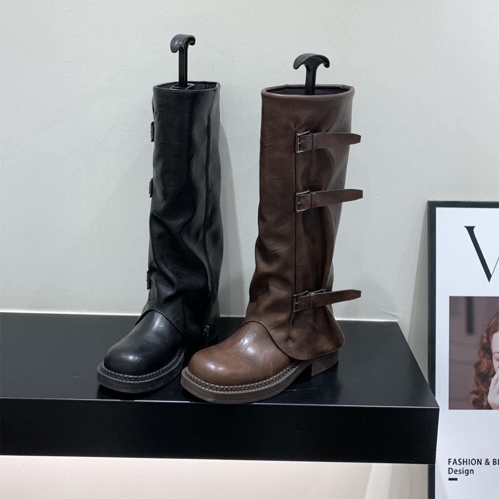 Thick-soled brown Maillard long knight boots women's boots 2025 new autumn and winter black locomotive medium boots