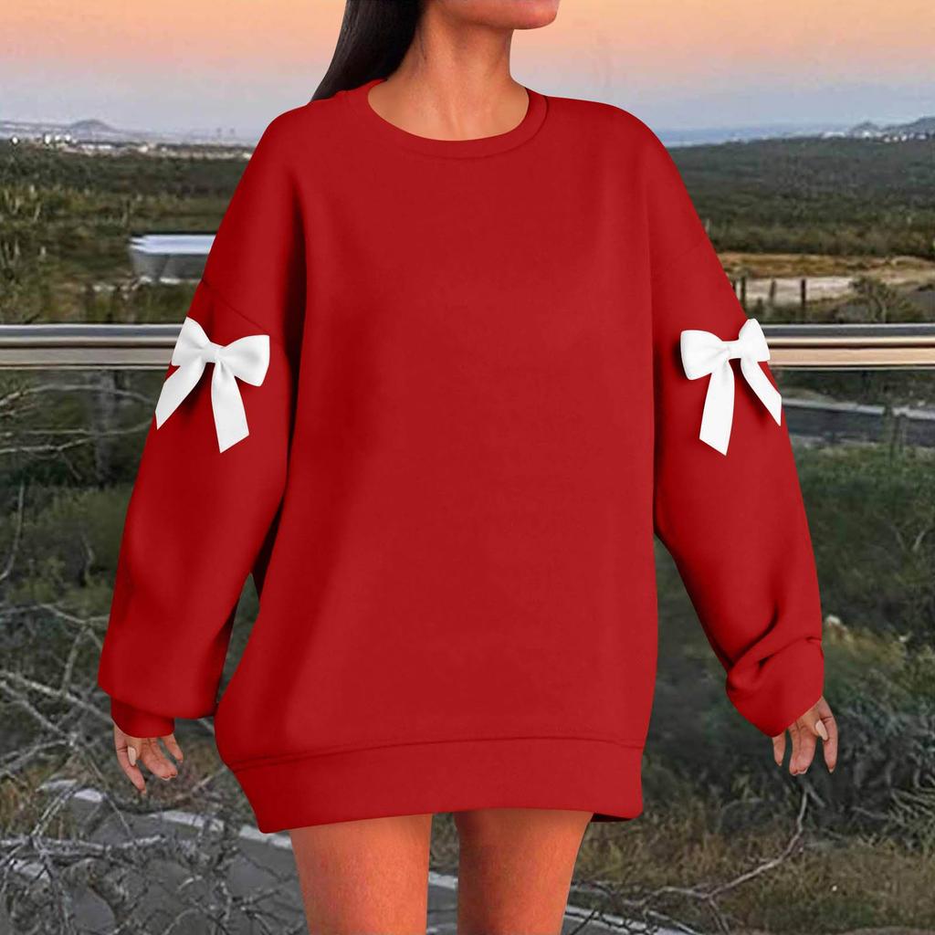 Women's Solid Color Bow Round Neck Long Sleeved Loose Pullover Sweater Sweatshirt