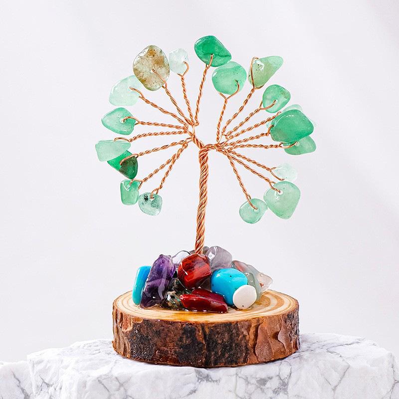 Natural Crystal Chips Tree Handmade With Copper Wire Wood Stump Base Money Tree Of Life Ornament Home Office Decor