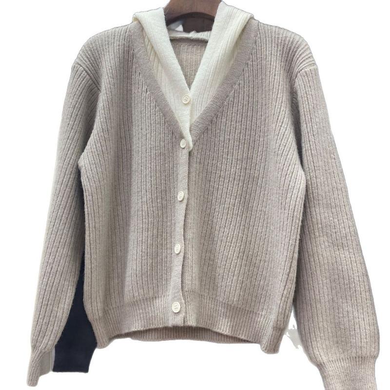 Fake two-piece knitted cardigan women's autumn small man wearing hooded sweater jacket casual loose short top