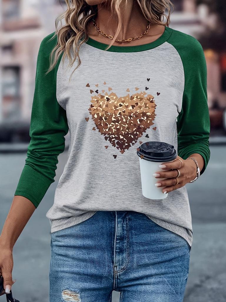 Long Sleeve T-shirt Casual Love Heart Print Graphic Winter Autumn Loose Long Sleeved Top Tee Comfortable T Shirt Women