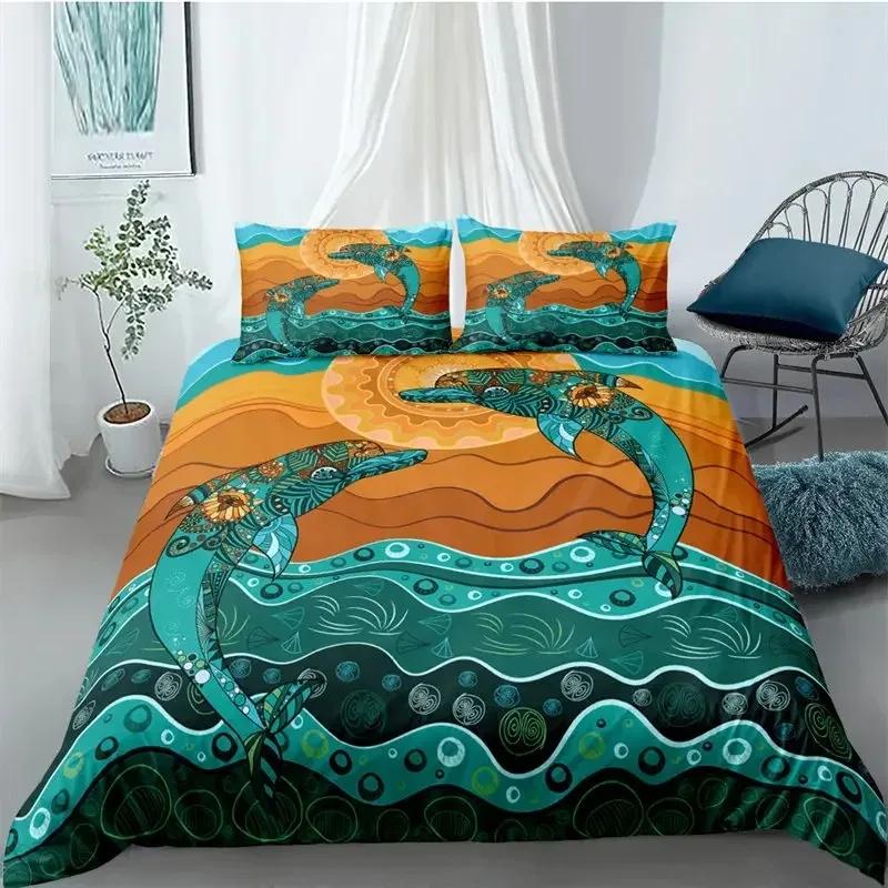 Comforter Ocean Dolphin Bedding Set For Kids Adult Boho Style Marine Themed Microfiber Sea Creatures Bedroom Decor