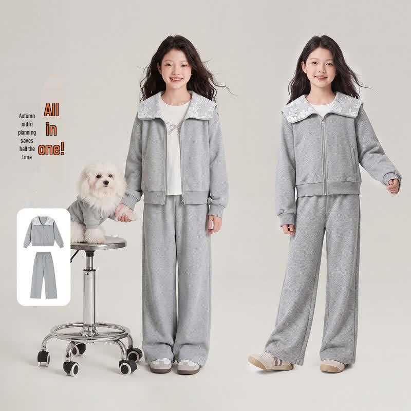 Girls 10A Antibacterial Lace Jacket & Wide-Leg Pants Set 140