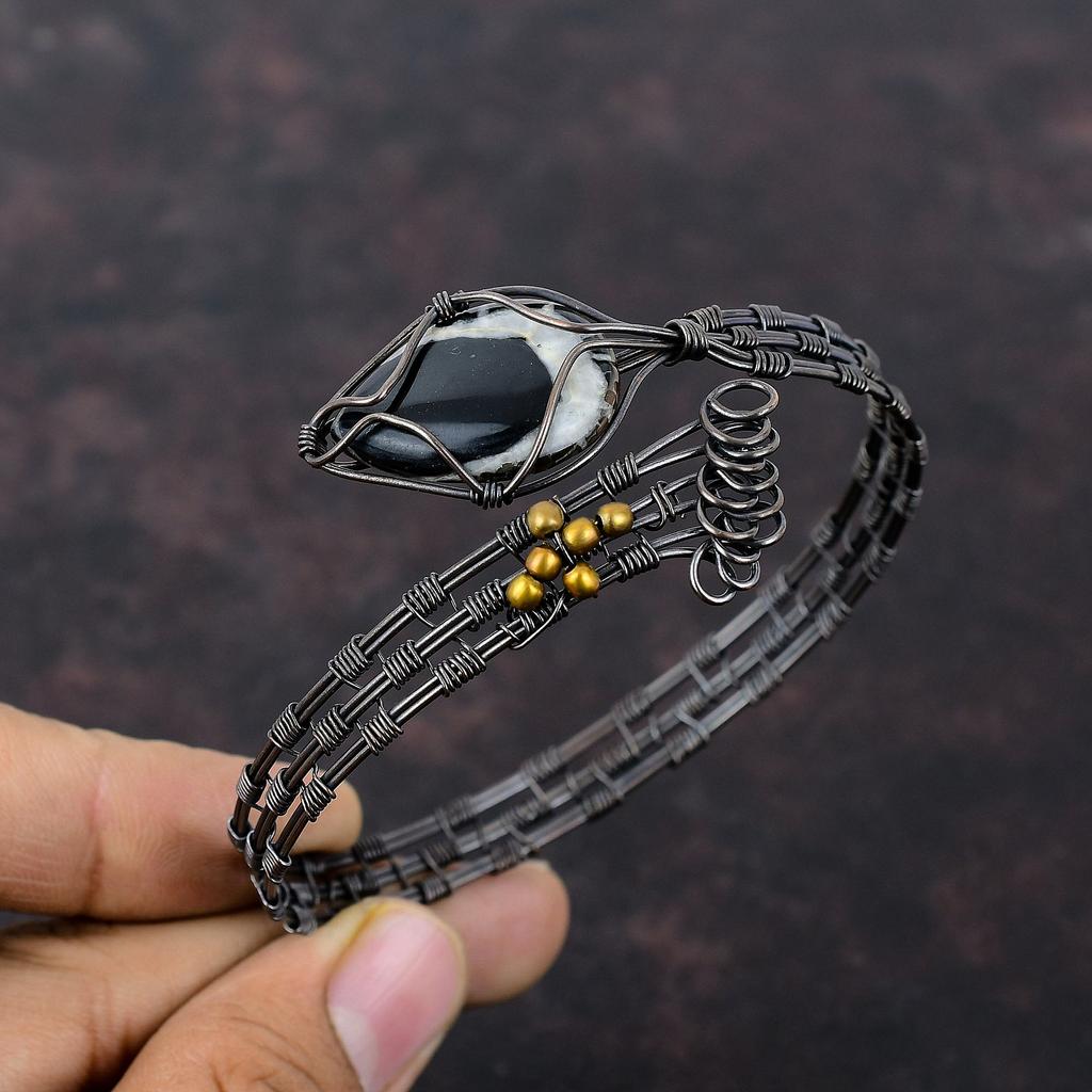 Moroccan Mud Crack Fossil Cuff Bracelet Copper Wire Wrapped Adjustable Bangle Handmade Copper Wire Wrapped Jewelry Gemstone Bangle For Gift