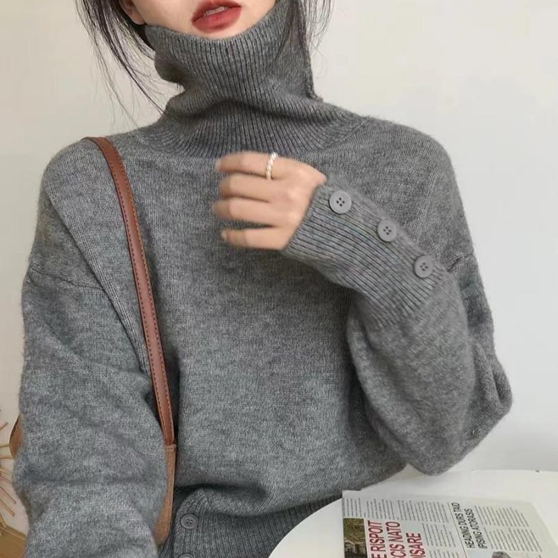 Chic Vintage Knitted Turtleneck Sweater for Women Autumn and Winter Warm Women Pullover Base Sweaters Slim Fit Casual Solid Loose Knitwears Tops 25256