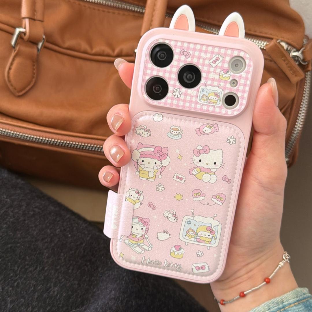 

Cute Cartoon Sanrio 3D Ears Hello Kitty Deer Leather Phone Case For iphone 17 16 15 14 13 Pro Max Girlish Heart Style Back Cover iPhone17