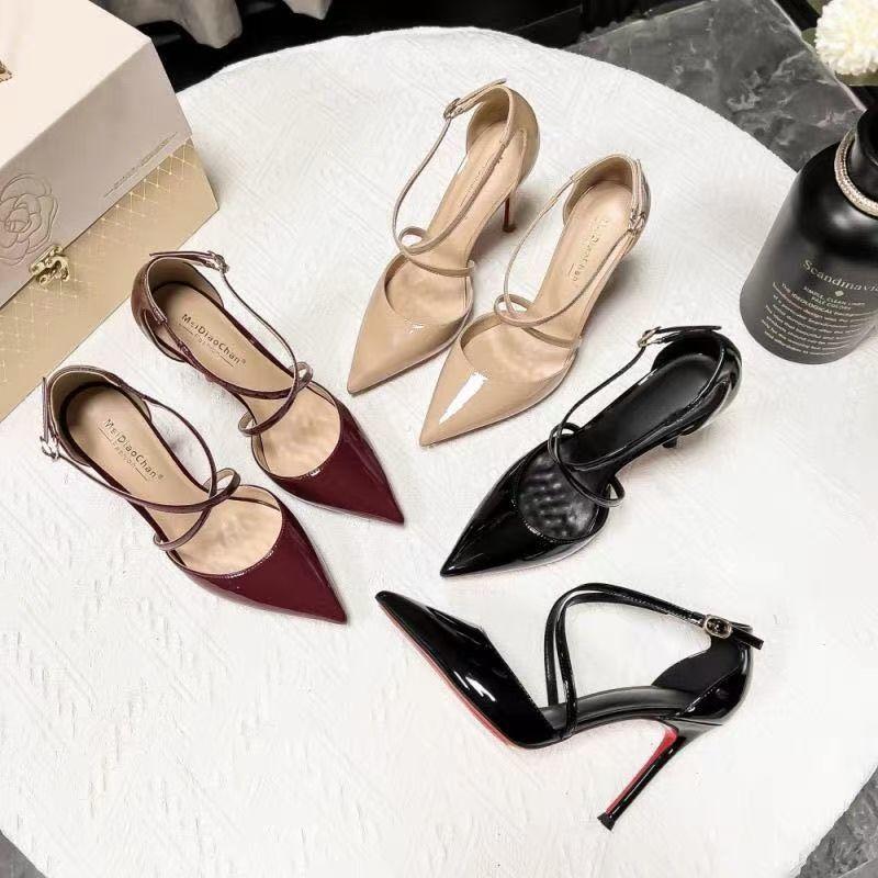 Cross strap stiletto sexy high heels women's 2025 spring and summer new one-word buckle burgundy hollow sandals