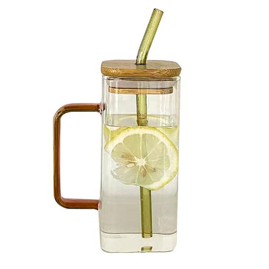 Square Glass Tumbler with Handle And Lid 380ml Transparent Coffee Cup Portable Tea Milk Jar for Hot Cold Drinks