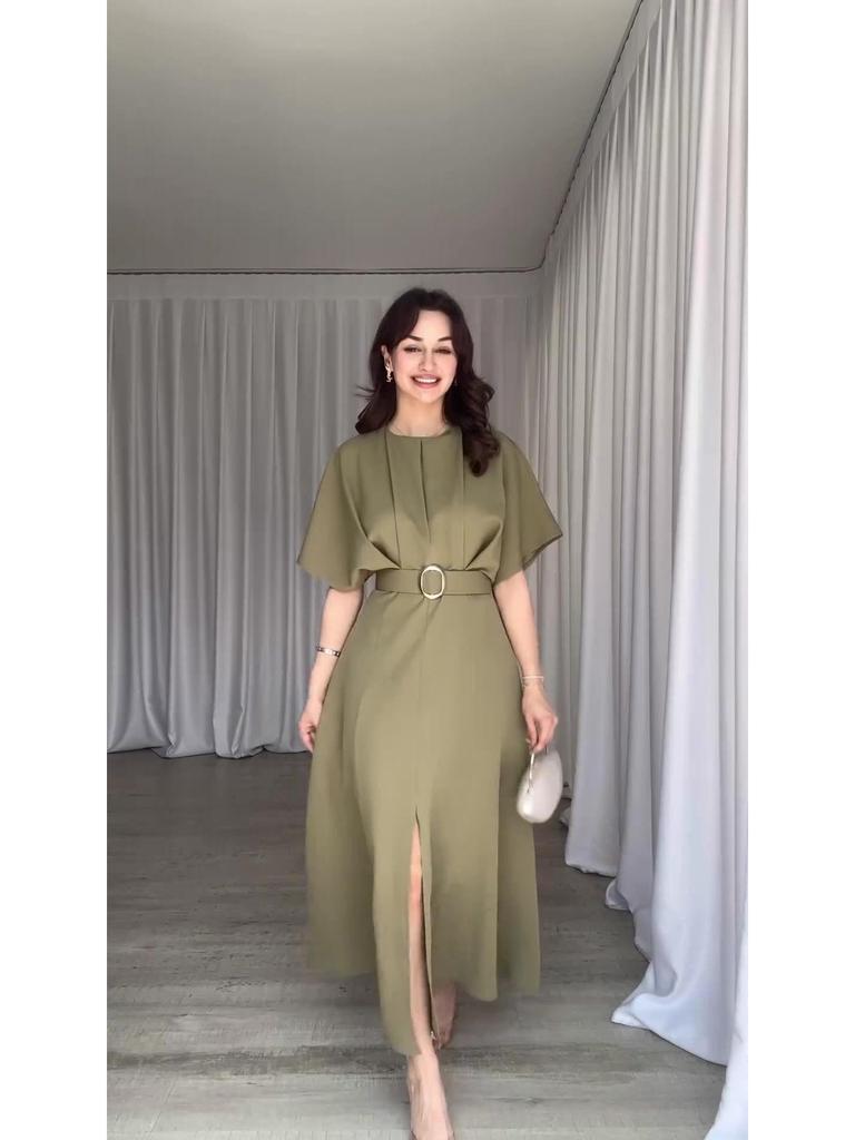 European & American Solid Color Round Neck Short Sleeve Slim Fit Long Dress with Waist Belt