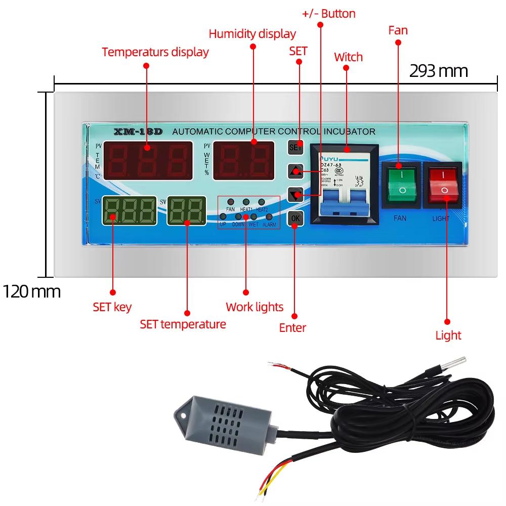 XM-18D Äggkläckare Inkubator Automatisk Inkubator Temperaturkontroller Termostat Styrsystem Sensor Fuktighet Inkubator
