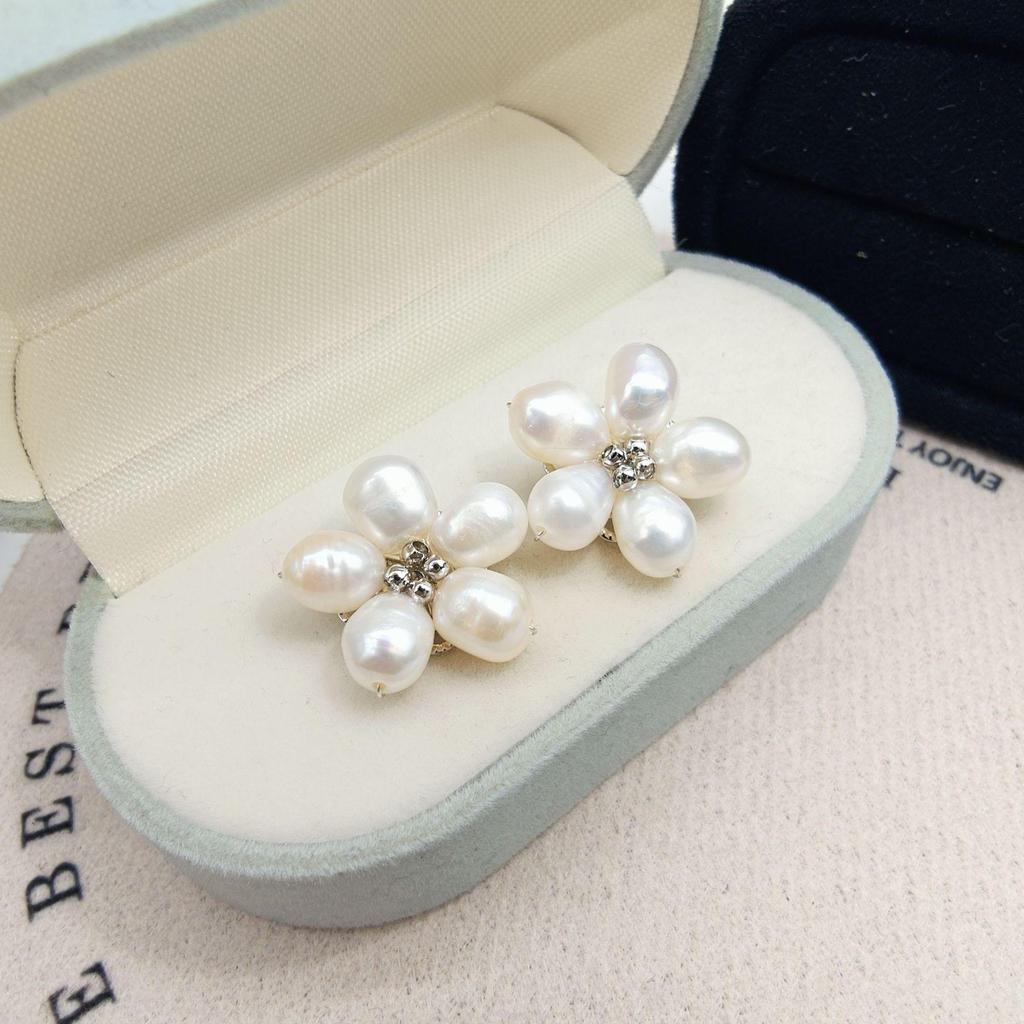 Baroque Pearl Five-Petal Flower Earrings - S925 Silver, Original Retro Design, Versatile Celebrity Style