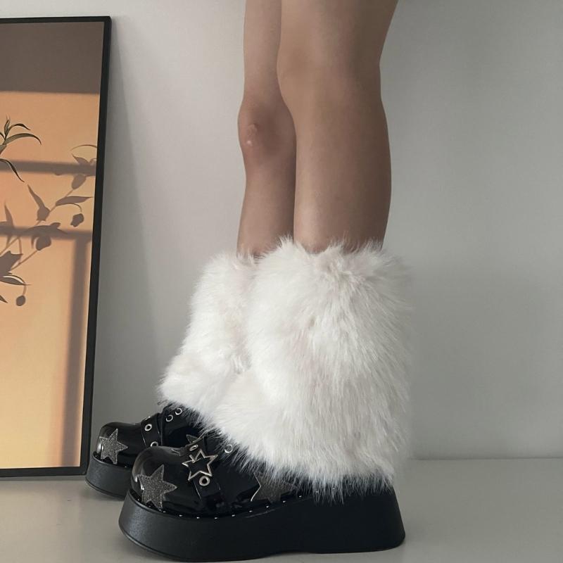 Flauschige Kunstpelz Beinwärmer Pelz Fersen Lange Stiefel Manschetten Abdeckung Hat Elastisch Ein Paar Karneval Stiefelabdeckung Y2K JK Uniform